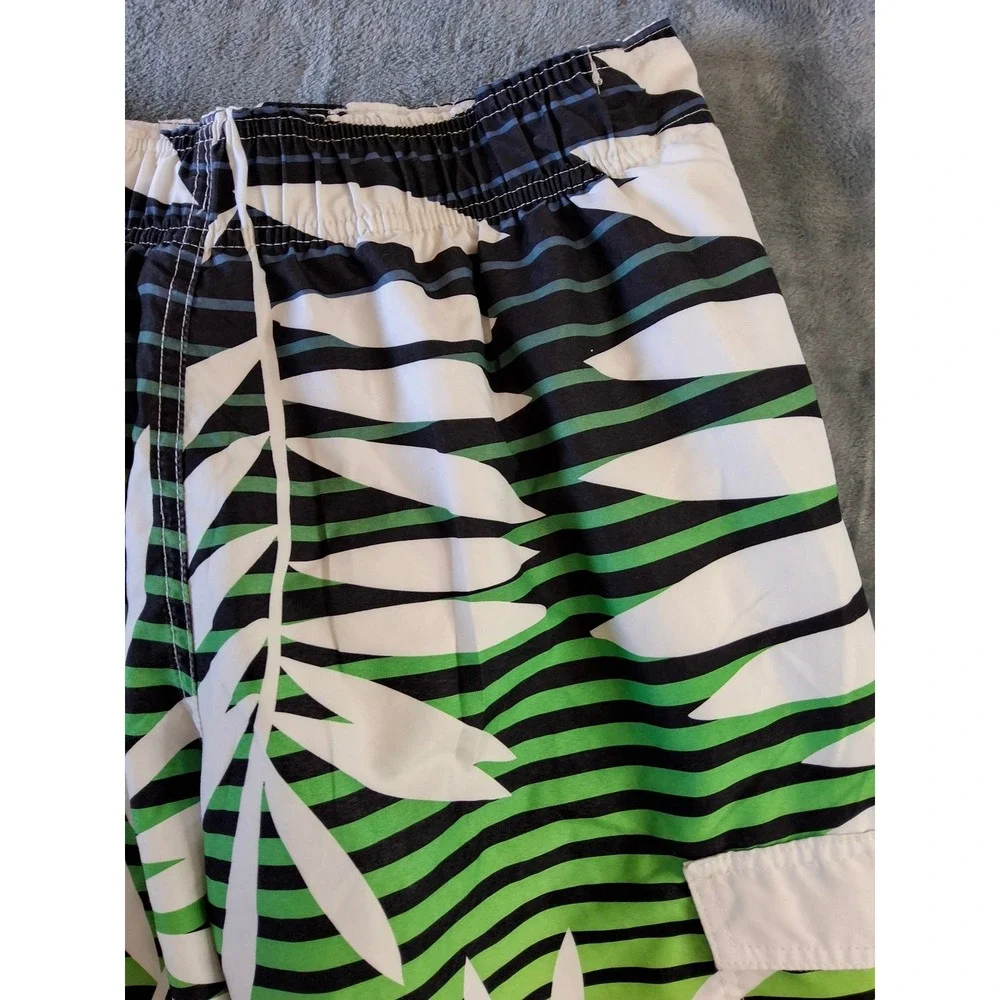 No Fear Mens Tropical Palm Stripe Board Shorts Green Yellow Swim‎ Trunk Med. Y2K